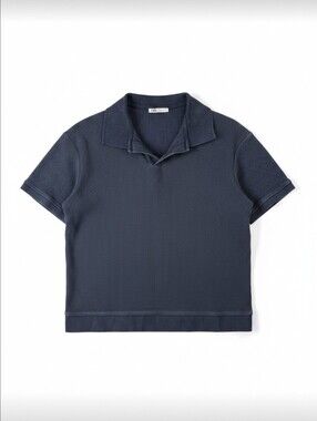 Zara Men's Large Navy Blue Ribbed Short Sleeve Johnny Collar Polo Shirt